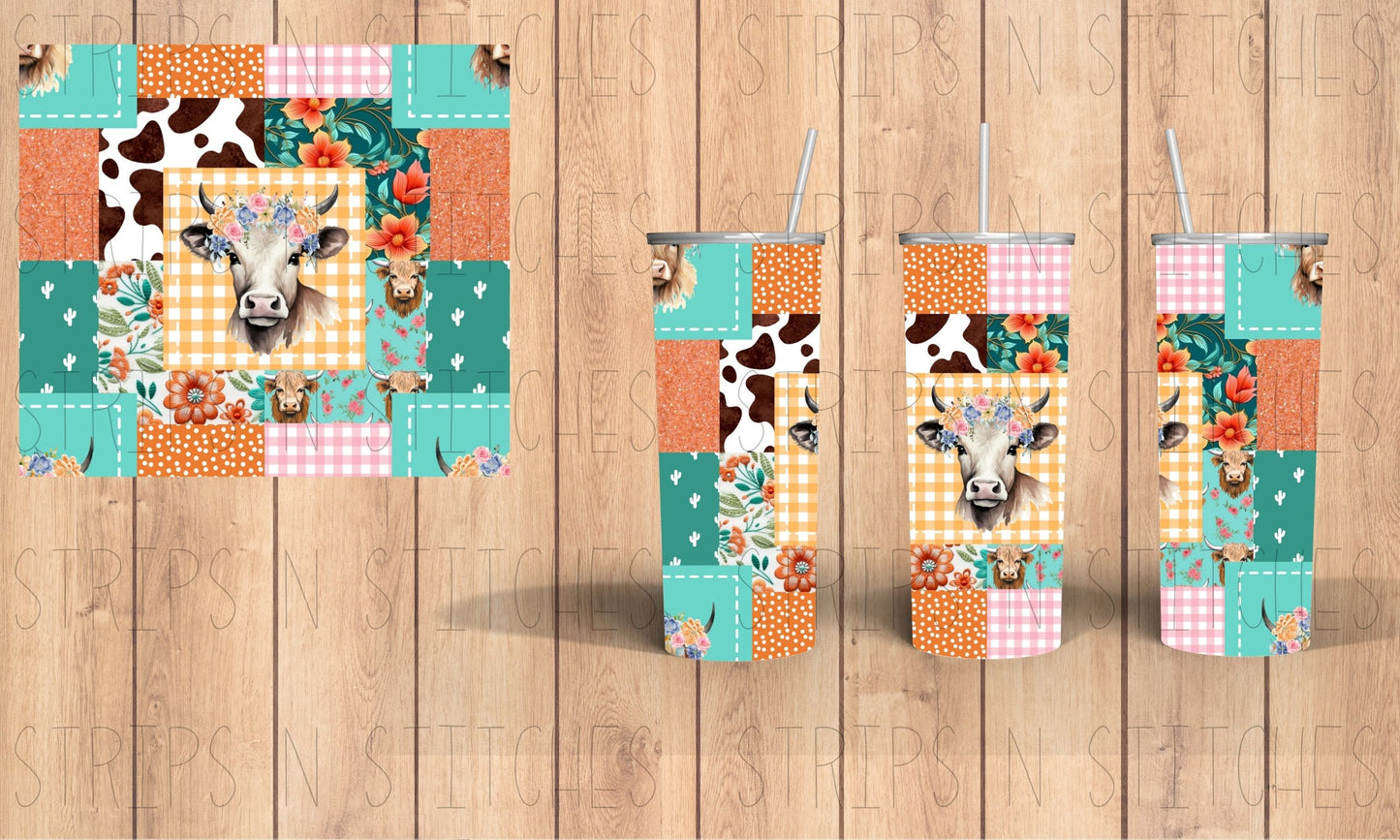 Highland Cow Patchwork  | 20 Oz Tumbler Sublimation Transfer | Ready to Press